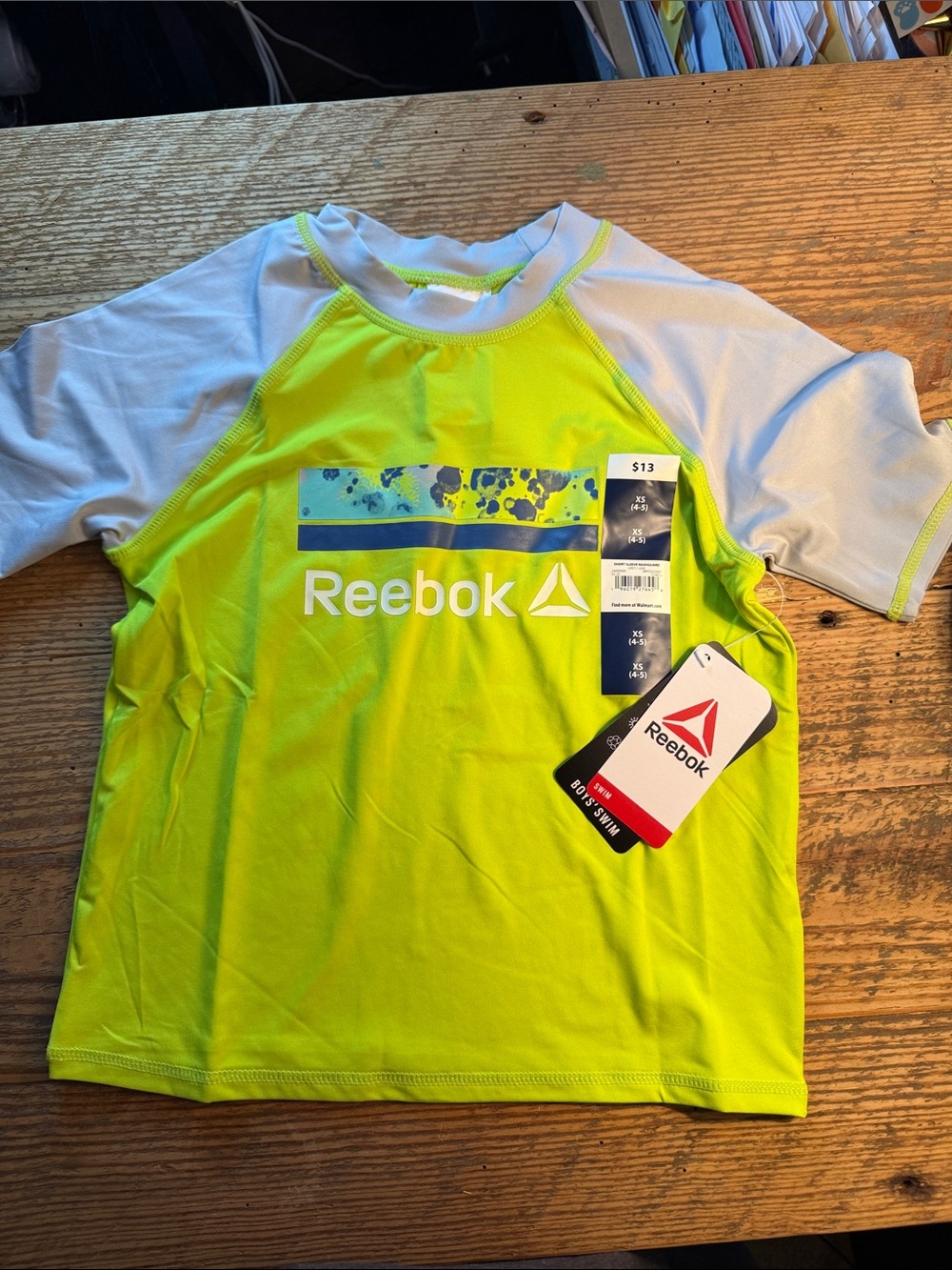 Reebok Neon Yellow and White Short Sleeve Swim Rashguard - Boys XS